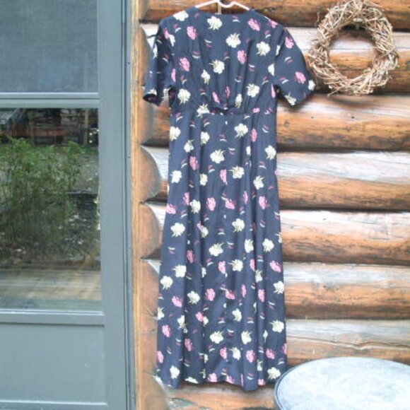 Vintage Sostanza Silky Black Floral Short Sleeve Button Down Maxi Dress SZ S - Picture 2 of 2